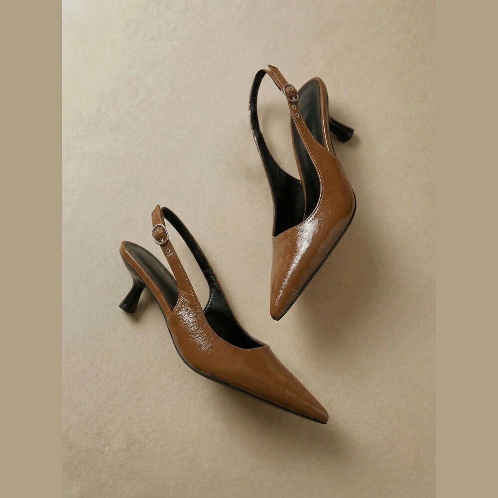 Cognac Brown Faux Leather Pointed Toe Slingback Kitten Heel Pumps